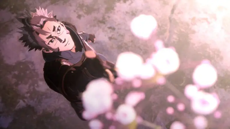 Animated man reaching out towards cherry blossoms.