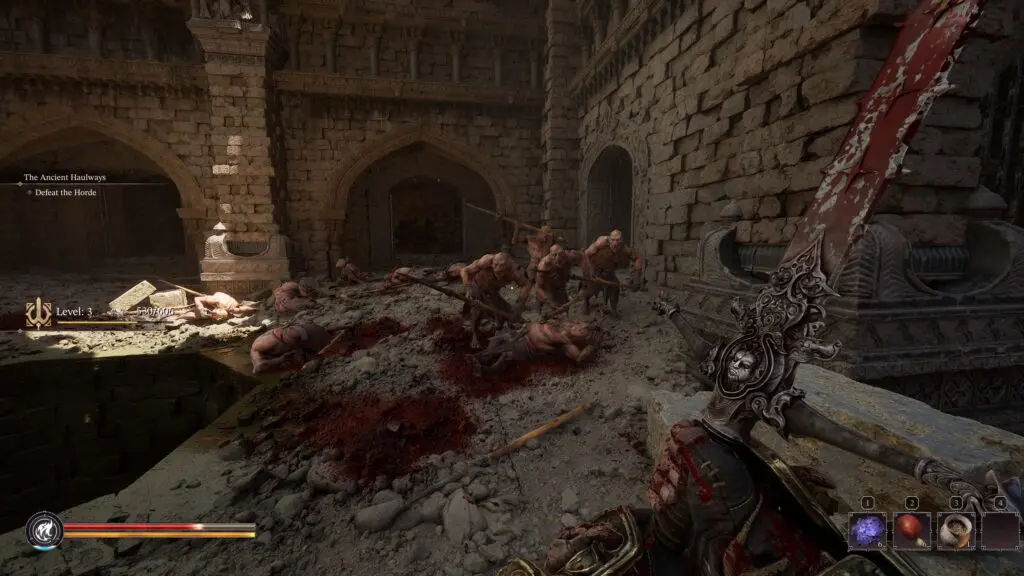 Fatekeeper dark messiah comparison on combat showing a player in Fatekeeper taking on several enemies with blood on the ground and their sword.