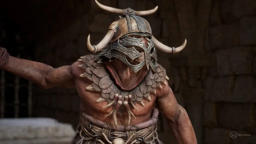 Cutscene in Fatekeeper showing a horned, muscular humanoid creature with a bull/minotaur-style design, wearing a metal mask and bone/scale armour.