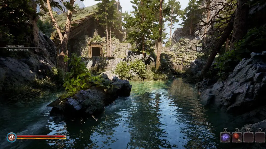 A lake with a building and greenery in the background, showcasing Fatekeeper system requirements and the games full potential