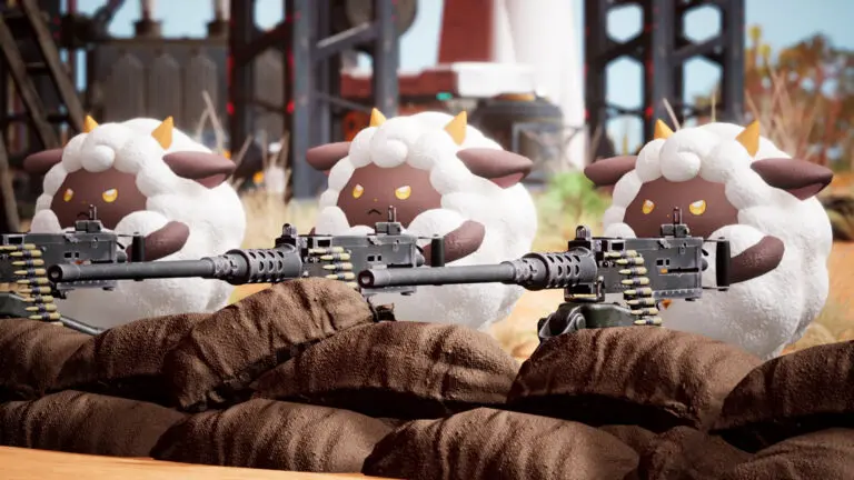 Three sheep with weapons in Palworld