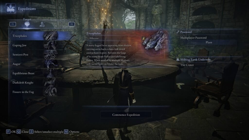 Expedition selection screen showing boss weaknesses in Elden Ring Nightreign