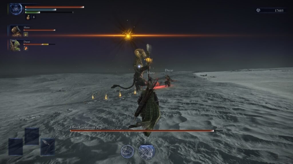 Ironeye fighting Equilibrious Beast in Elden Ring Nightreign
