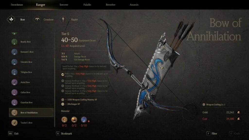 A screenshot of a Legendary Bow in Chrono Odyssey