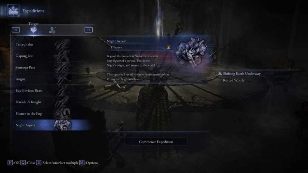 Night Aspect selection screen in Elden Ring Nightreign