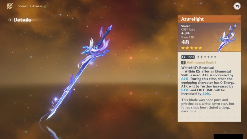 A screenshot of Azurelight in Genshin Impact