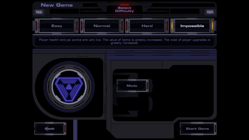 Difficulty settings selection screen in System Shock 2 Remastered
