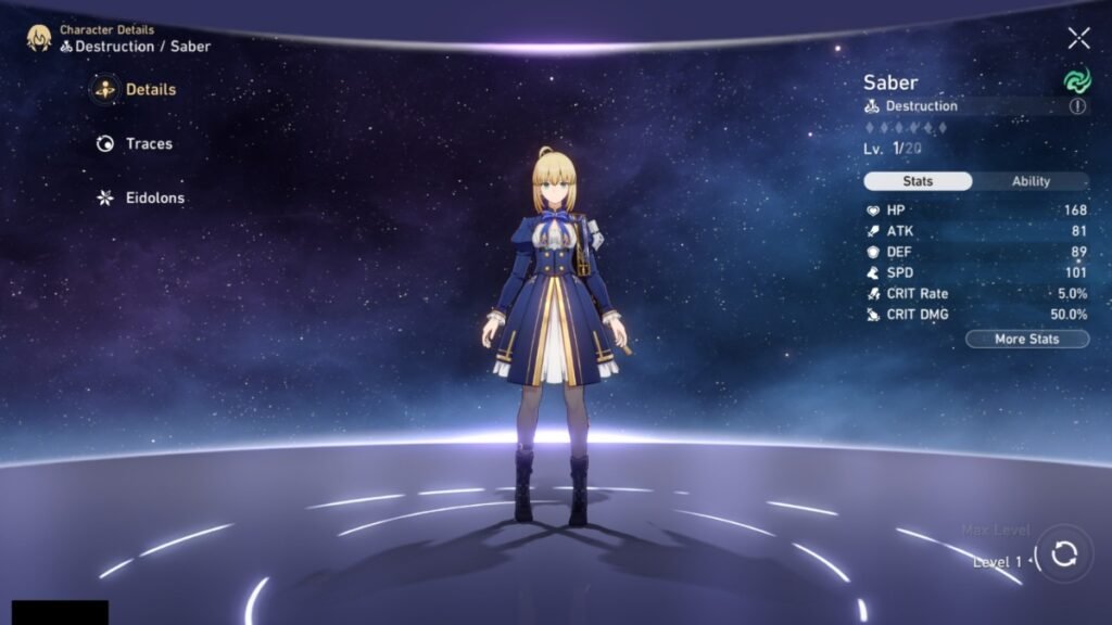 A screenshot of Saber from Honkai Star Rail
