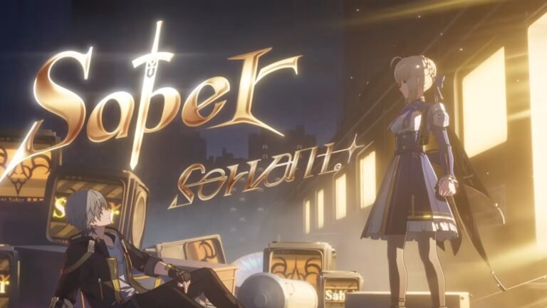 A screenshot of Saber from the Fate collab video.