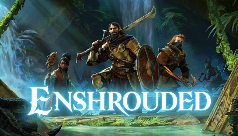 Enshrouded game art with three adventurers in the foreground