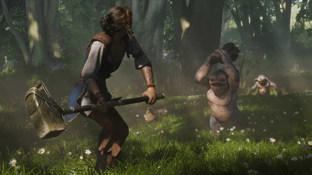 Hero swinging a hammer at a monster in Fable 4