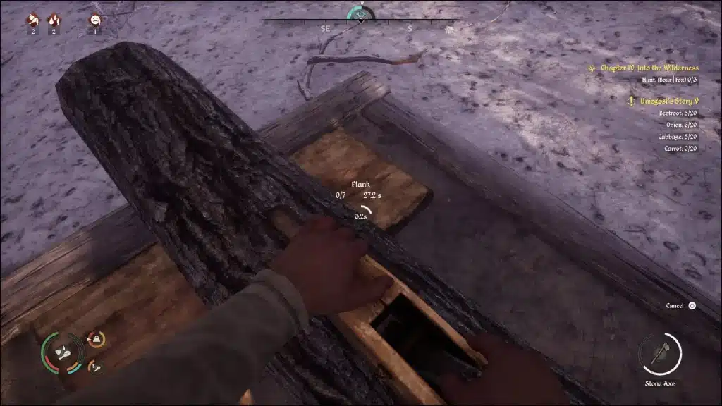 Player using a saw on planks in Medieval Dynasty