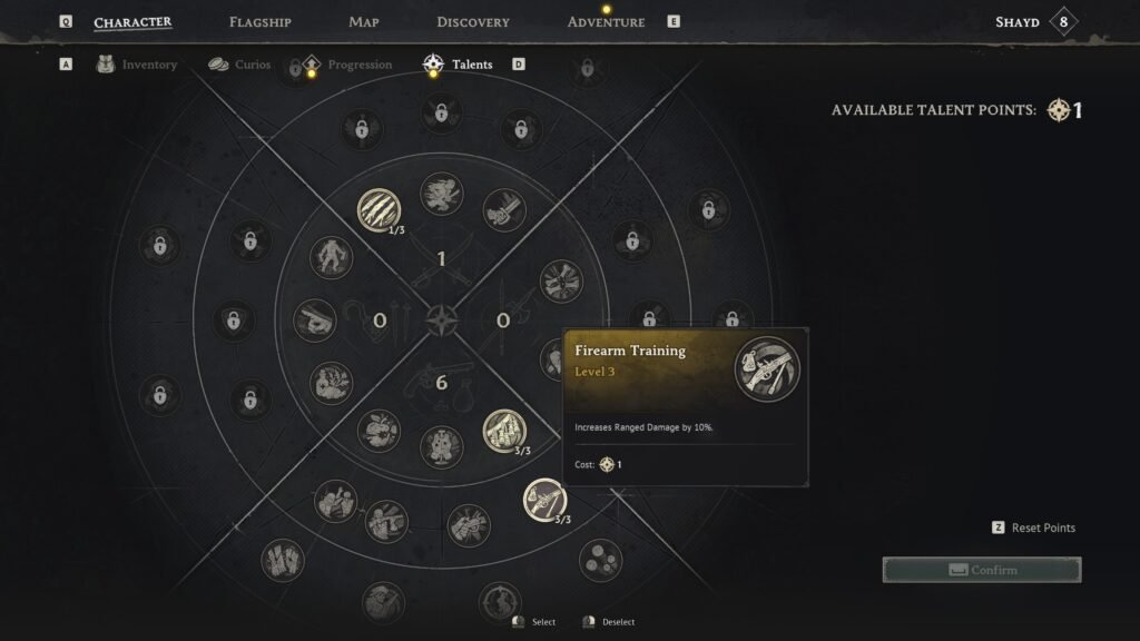 Talent system from the game Windrose with some of the skills unlocked.